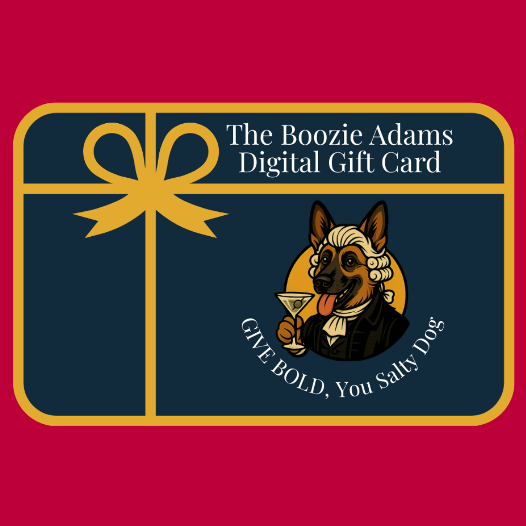 Digital gift card with a dog holding a martini glass on a red background