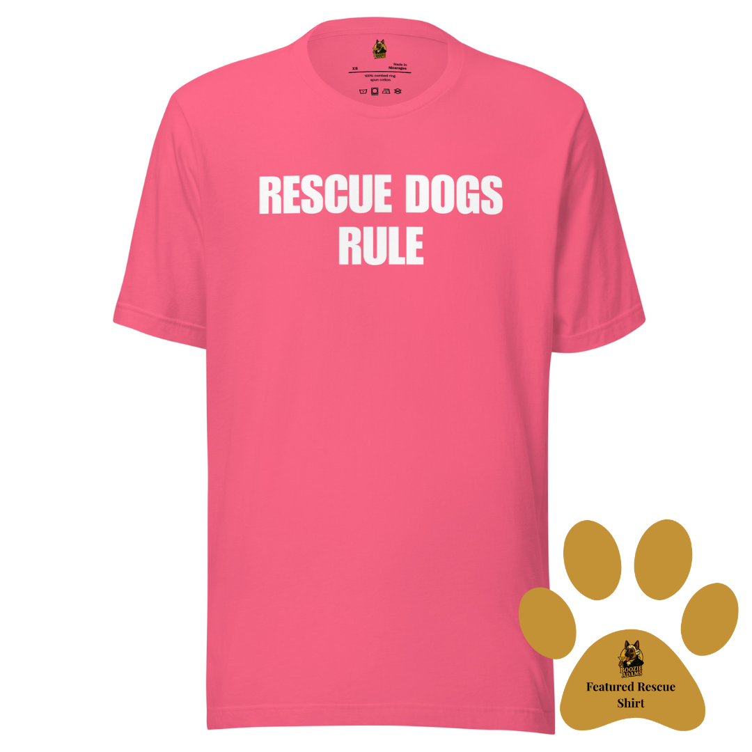 Pink unisex t-shirt with 'RESCUE DOGS RULE' text – Boozie Adams