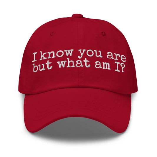 Red unisex cap with white 'I know you are but what am I' text – Boozie Adams