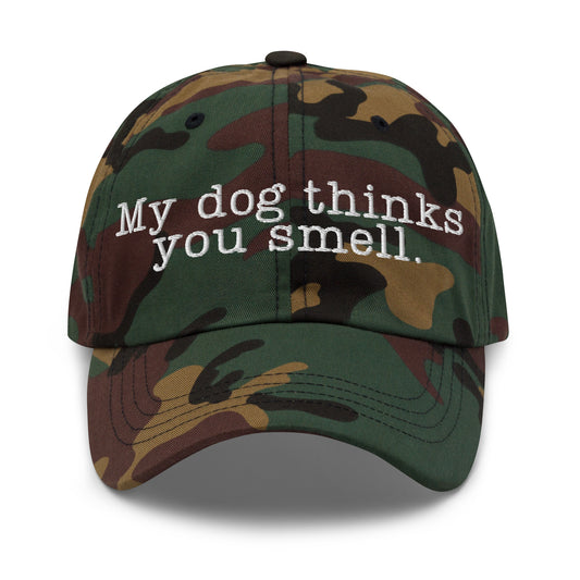 Camo cap with white text 'My dog thinks you smell' – Boozie Adams