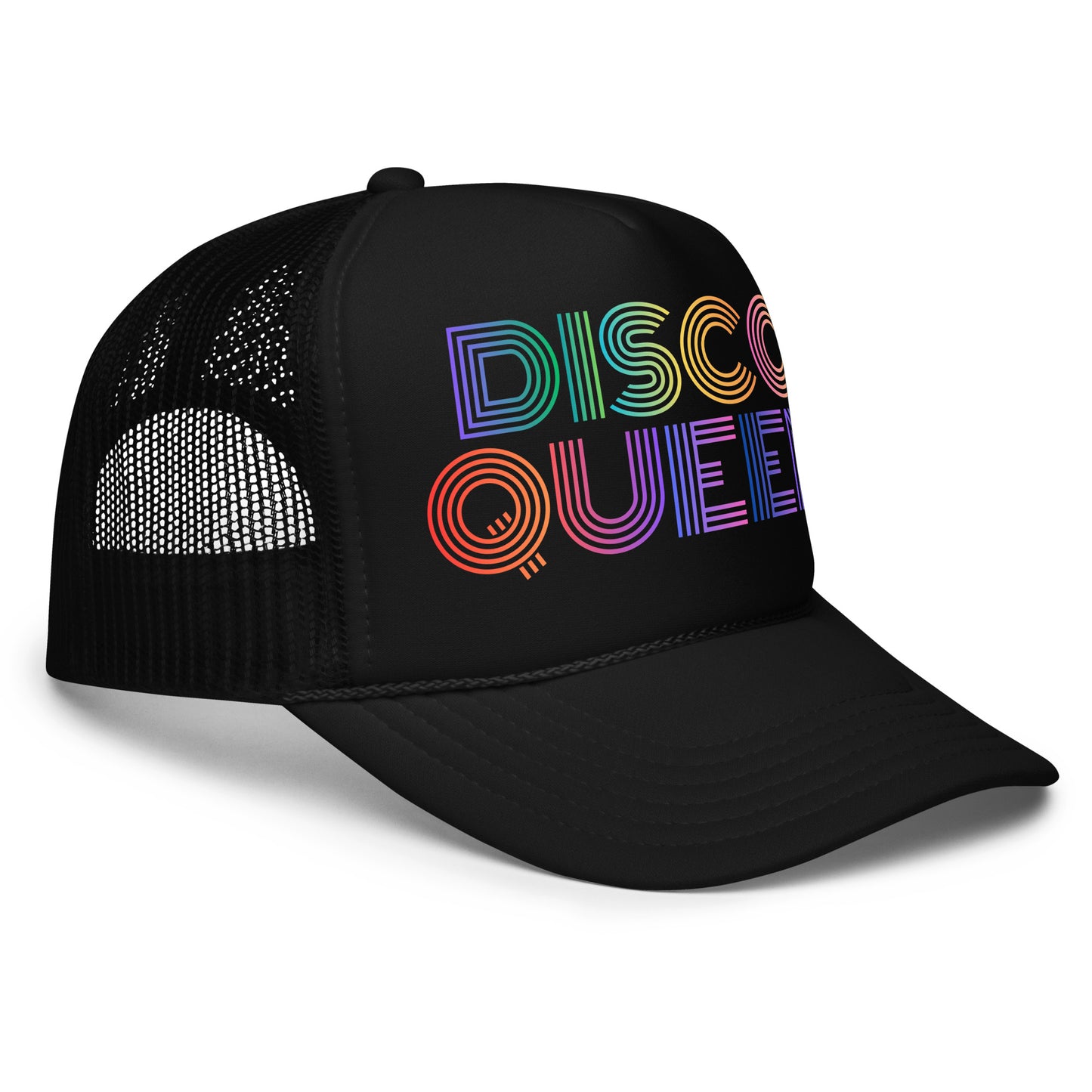 Side view of black unisex trucker hat with 'DISCO QUEEN' in colorful letters – Boozie Adams