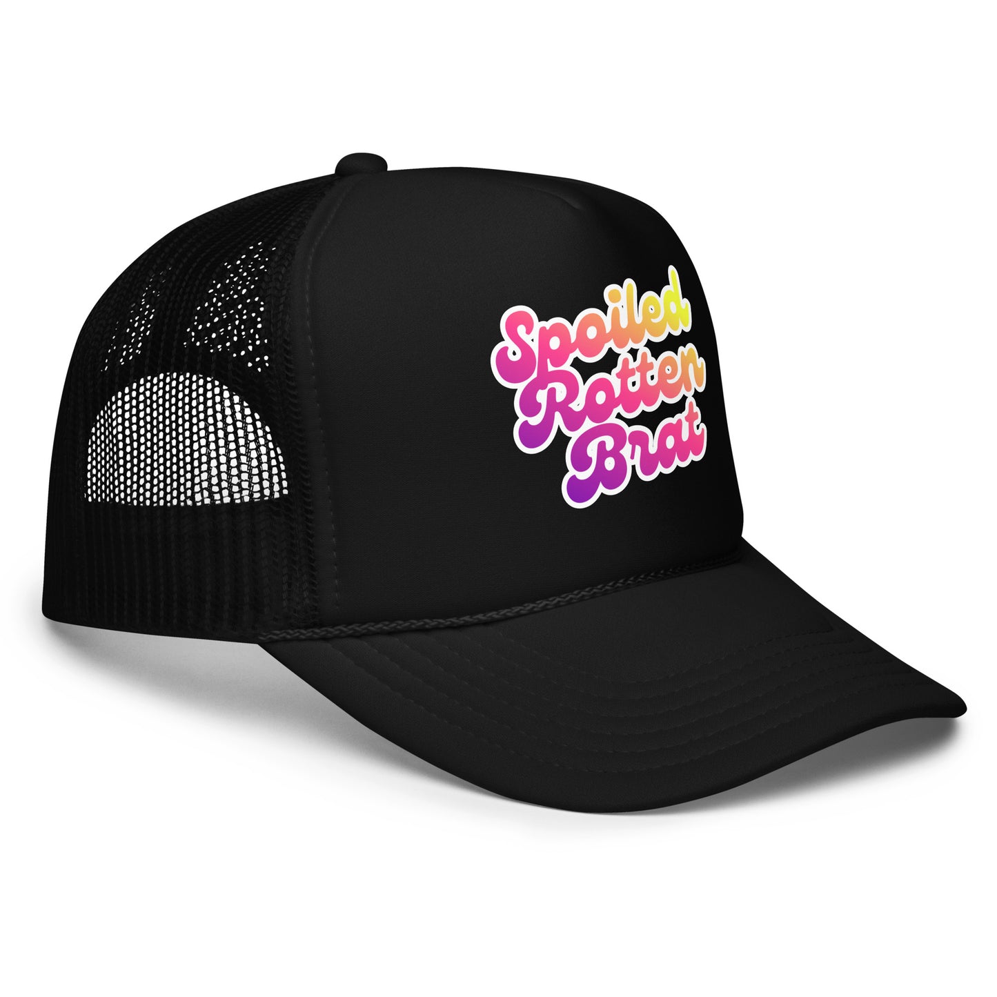 Side view of black trucker hat with colorful text 'Spoiled Rotten Brat' – Boozie Adams