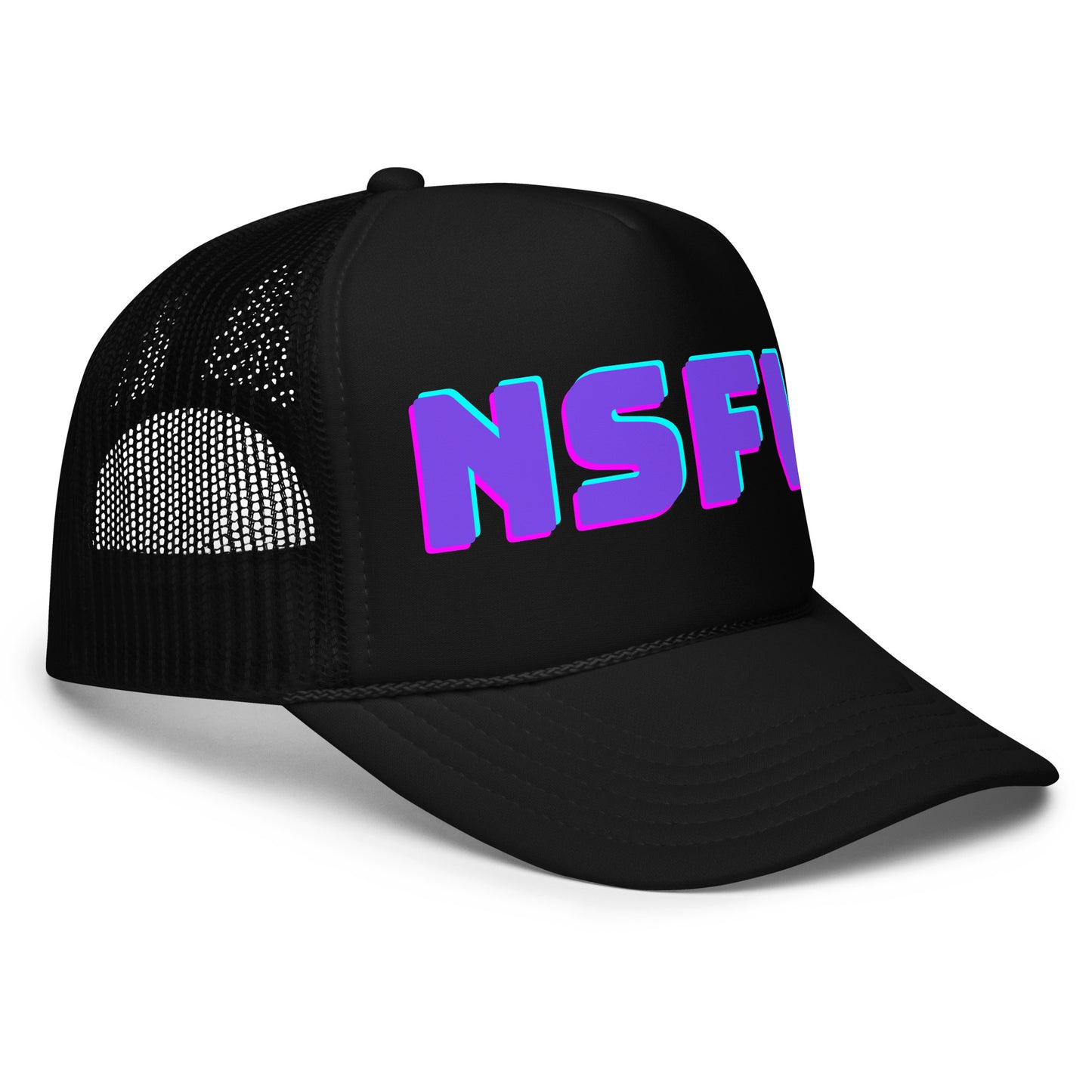 Side view of black unisex trucker hat with 'NSFW' in purple and blue – Boozie Adams