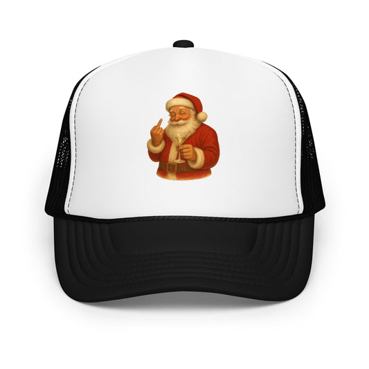Black and white foam trucker hat with image of santa holding martini and flipping the bird – Boozie Adams
