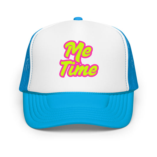 Blue and white unisex trucker hat with 'Me Time' text in pink – Boozie Adams