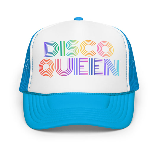 Blue and white unisex trucker hat with 'DISCO QUEEN' in colorful letters – Boozie Adams
