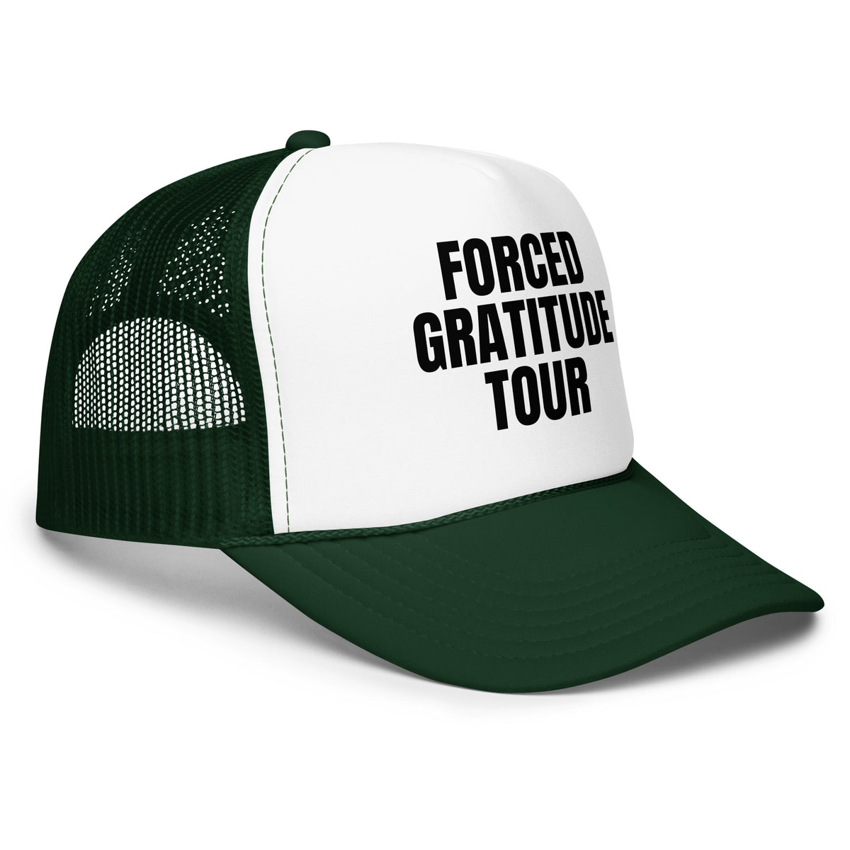Side view of green and white foam trucker hat with text 'Forced Gratitude Tour' – Boozie Adams