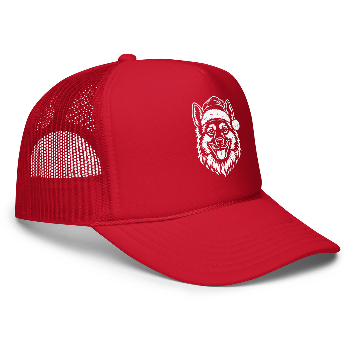 Side view of red unisex foam trucker hat with graphic of dog in santa hat – Boozie Adams