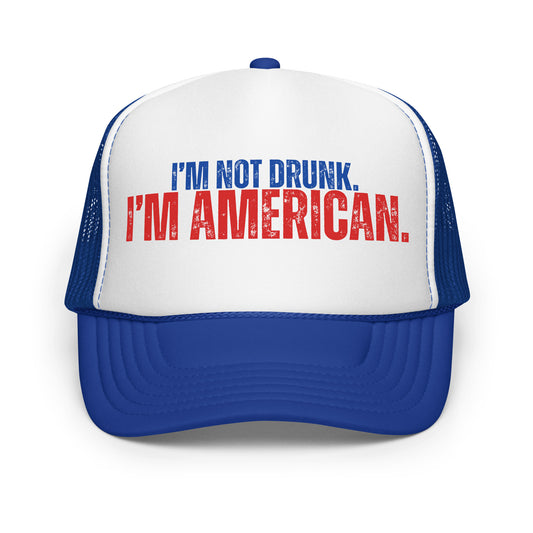 White and blue unisex trucker hat with 'I'm not drunk, I'm American' text – Boozie Adams