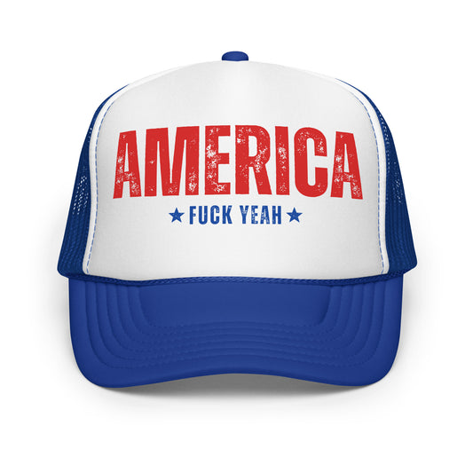 White and blue trucker hat with 'AMERICA Fuck YEAH' text – Boozie Adams
