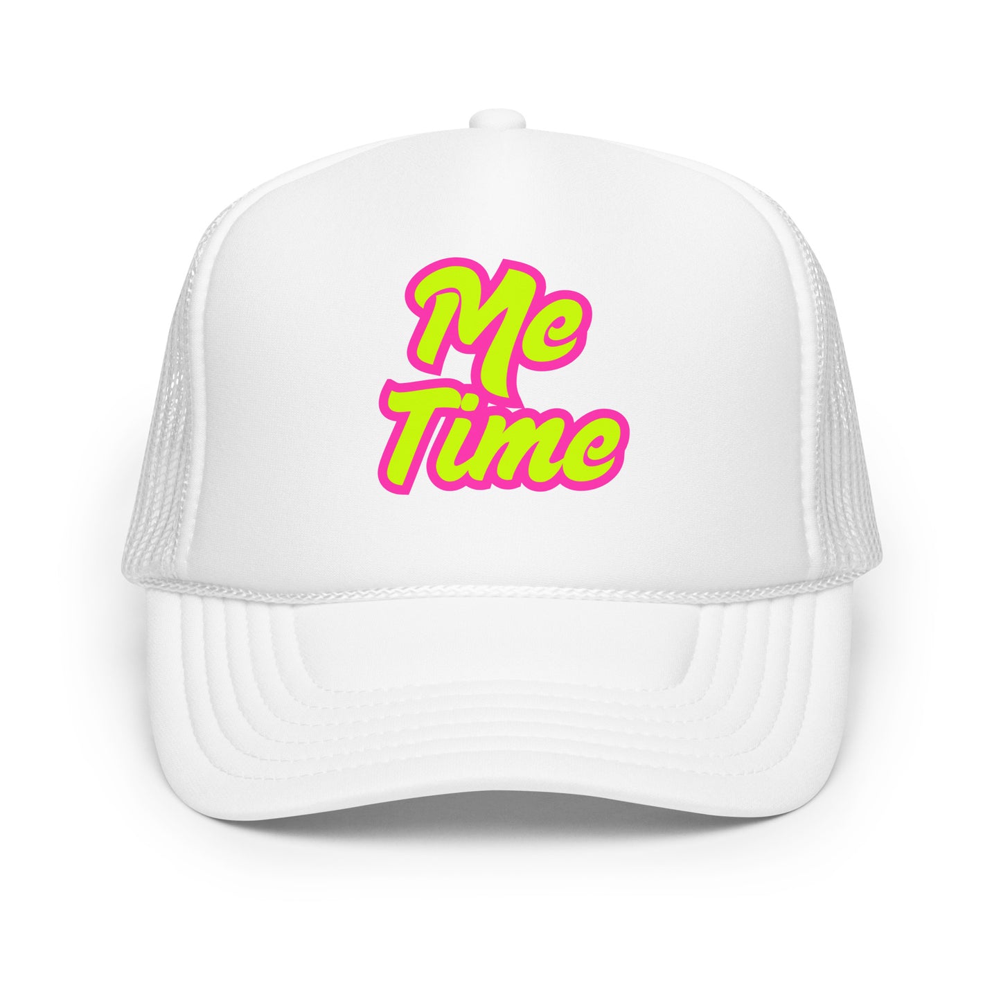 White unisex trucker hat with 'Me Time' text in pink – Boozie Adams