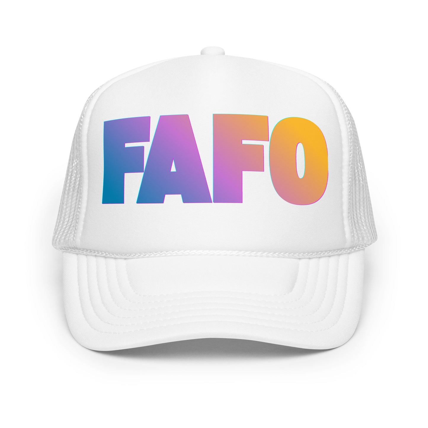 White unisex trucker hat with 'FAFO' in colorful letters – Boozie Adams