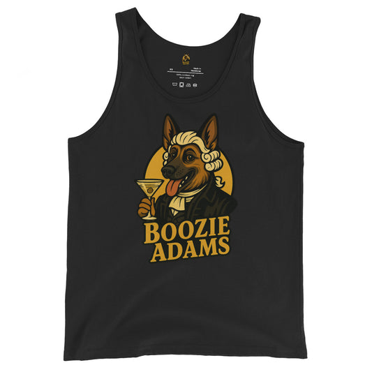 Black unisex tank top with a graphic of a dog holding a martini glass and the text 'Boozie Adams' – Boozie Adams