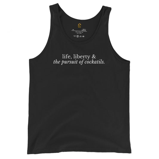 Black unisex tank top with 'life, liberty & the pursuit of cocktails' text – Boozie Adams