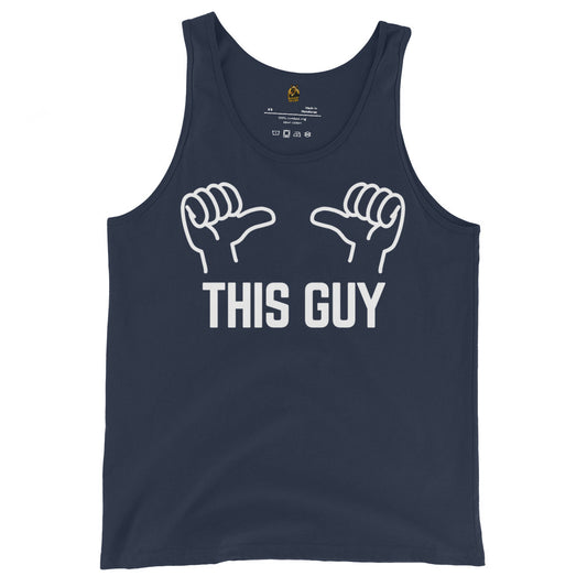 Navy unisex tank top with white thumb graphic and 'This Guy' text – Boozie Adams