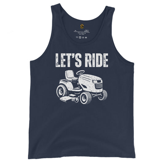 Navy unisex tank top with white graphic of a lawn mower and 'Let's Ride' text – Boozie Adams