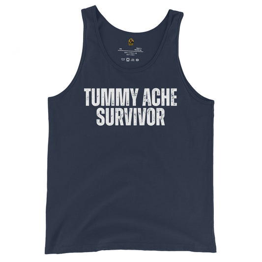 Navy unisex tank top with 'TUMMY ACHE SURVIVOR' text – Boozie Adams