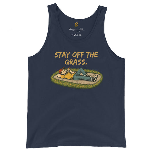 Navy unisex tank top with a graphic of a person lying on the sidewalk smoking a joint and 'Stay Off The Grass' text – Boozie Adams