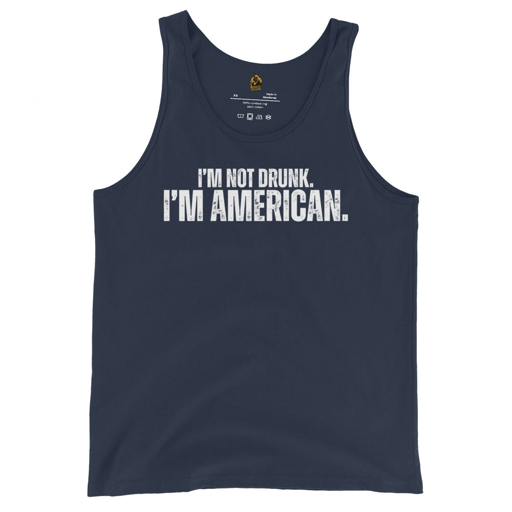Navy unisex tank top with white text 'I'm not drunk. I'm American.' – Boozie Adams