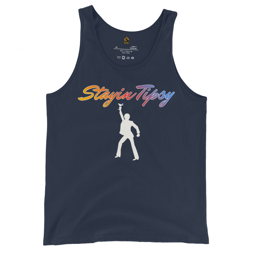 Navy unisex tank top with 'Stayin Tipsy' text and silhouette design – Boozie Adams