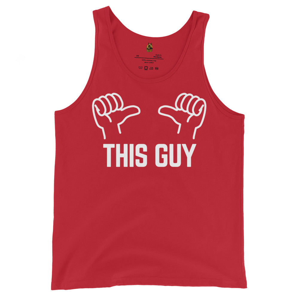 Red unisex tank top with white thumb graphic and 'This Guy' text – Boozie Adams