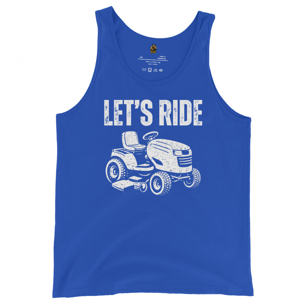 Blue unisex tank top with white graphic of a lawn mower and 'Let's Ride' text – Boozie Adams