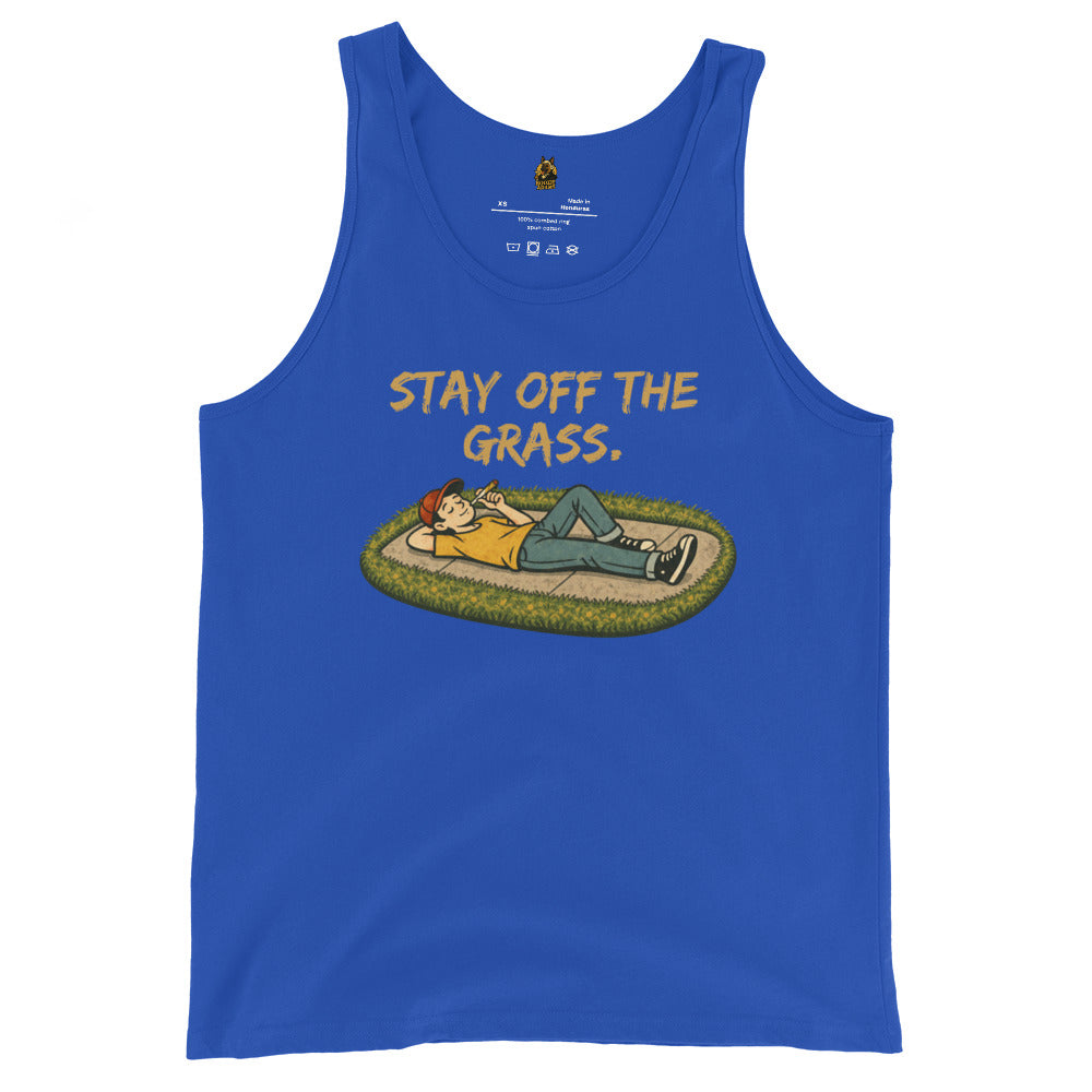 Blue unisex tank top with a graphic of a person lying on the sidewalk smoking a joint and 'Stay Off The Grass' text – Boozie Adams