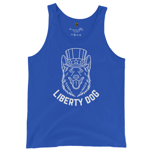 Blue unisex tank top with 'Liberty Dog' graphic design – Boozie Adams