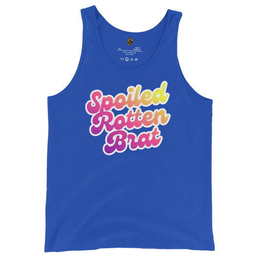 Blue unisex tank top with colorful text 'Spoiled Rotten Brat' – Boozie Adams