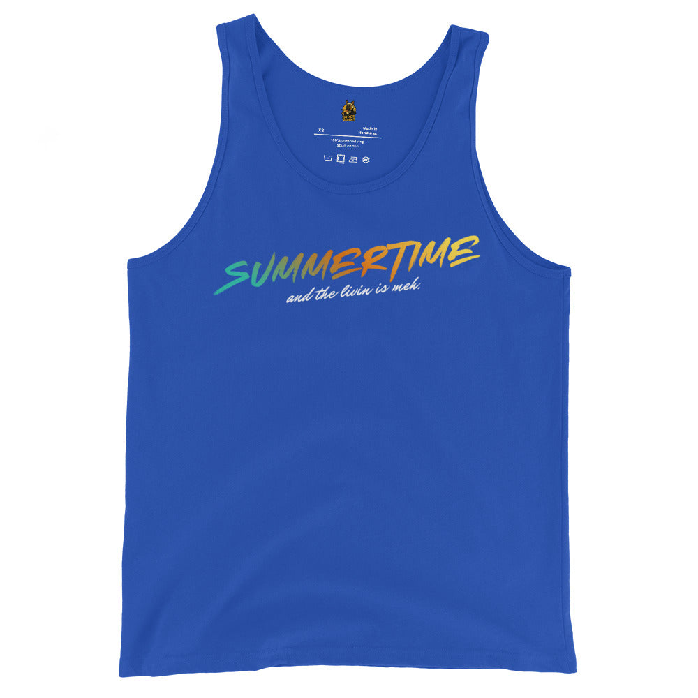 Blue tank top with colorful 'Summertime and the livin is meh' text – Boozie Adams