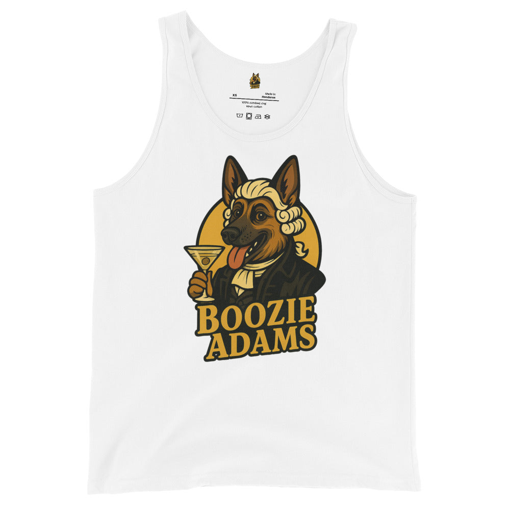 White unisex tank top with a graphic of a dog holding a martini glass and the text 'Boozie Adams' – Boozie Adams