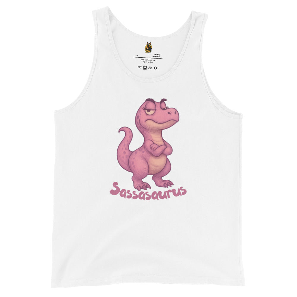 White unisex tank top with a pink dinosaur graphic and 'Sasasaurus' text – Boozie Adams