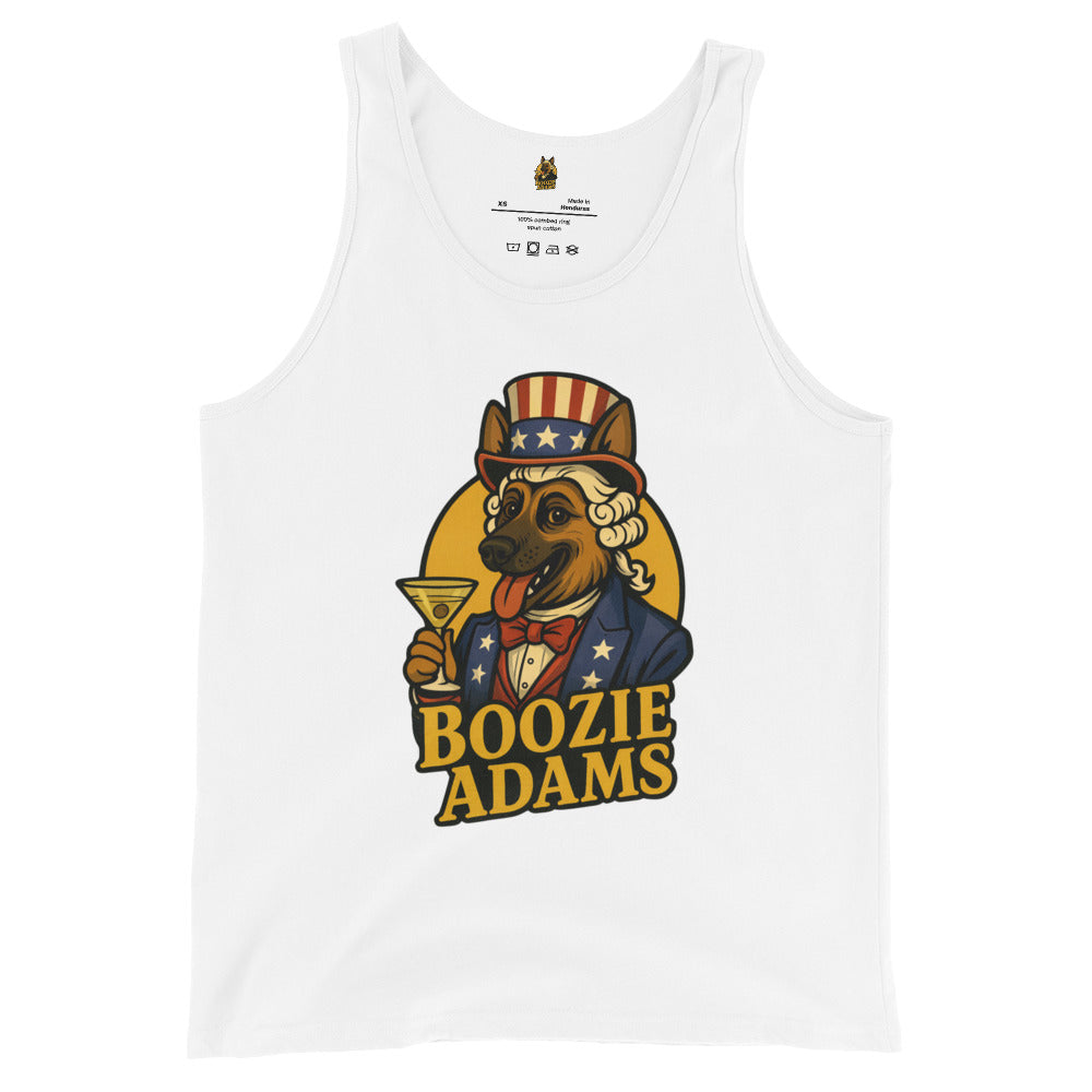 White unisex tank top with 'Boozie Adams' patriotic logo design – Boozie Adams