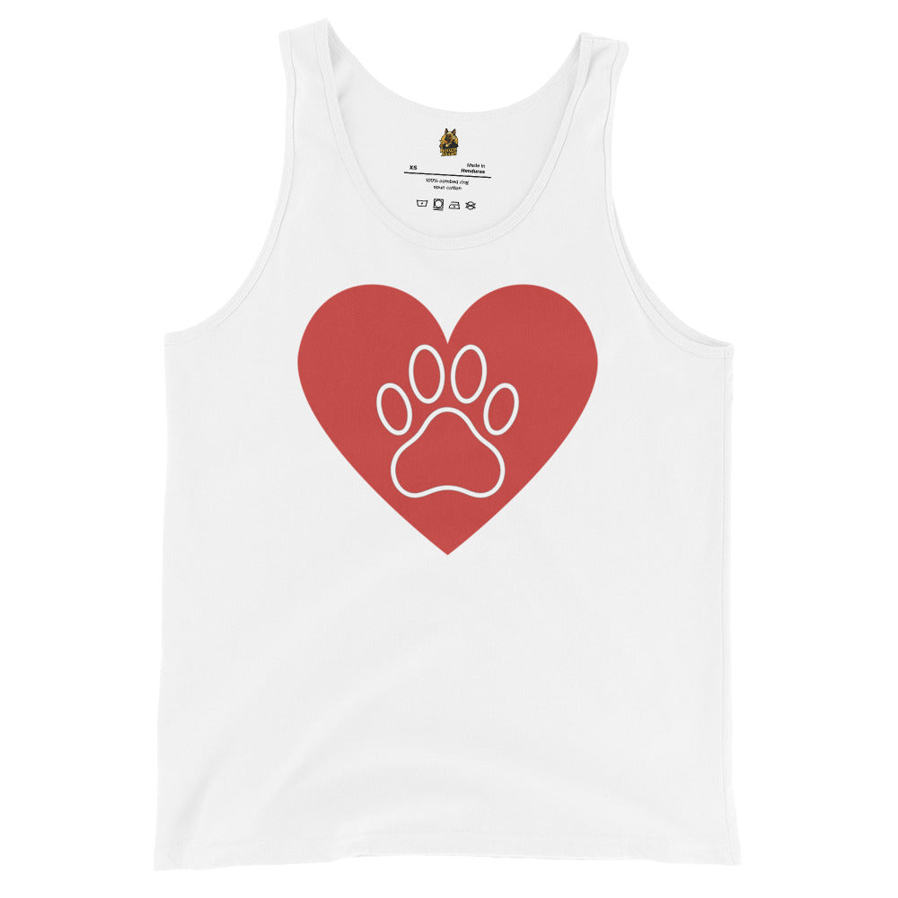 White unisex tank top with a red heart and white paw print design – Boozie Adams