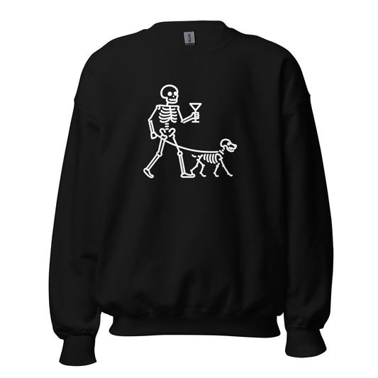 Black unisex sweatshirt with a skeleton walking a dog holding a martini graphic in white – Boozie Adams