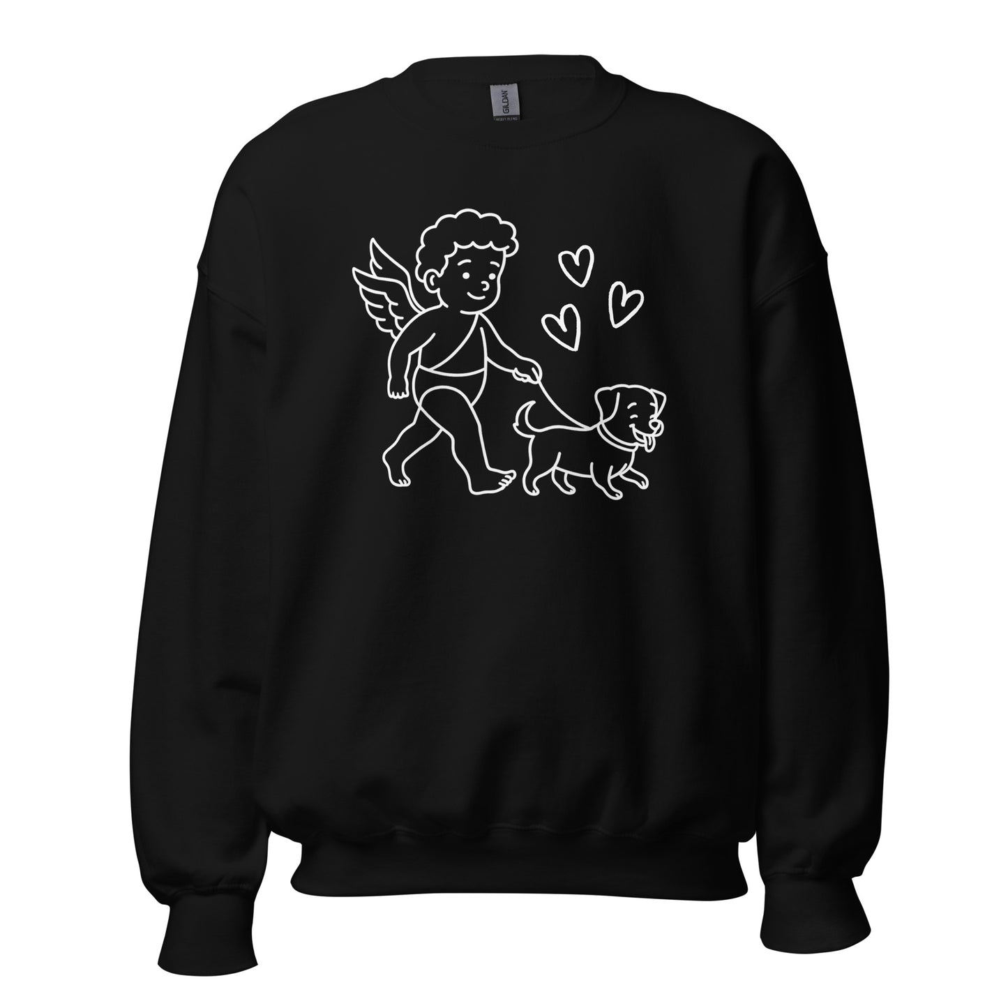 Black sweatshirt with a white graphic of a cupid walking a dog – Boozie Adams