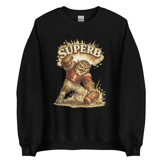 Black unisex sweatshirt with a graphic of an owl wearing a football uniform and the word 'Superb' above it – Boozie Adams