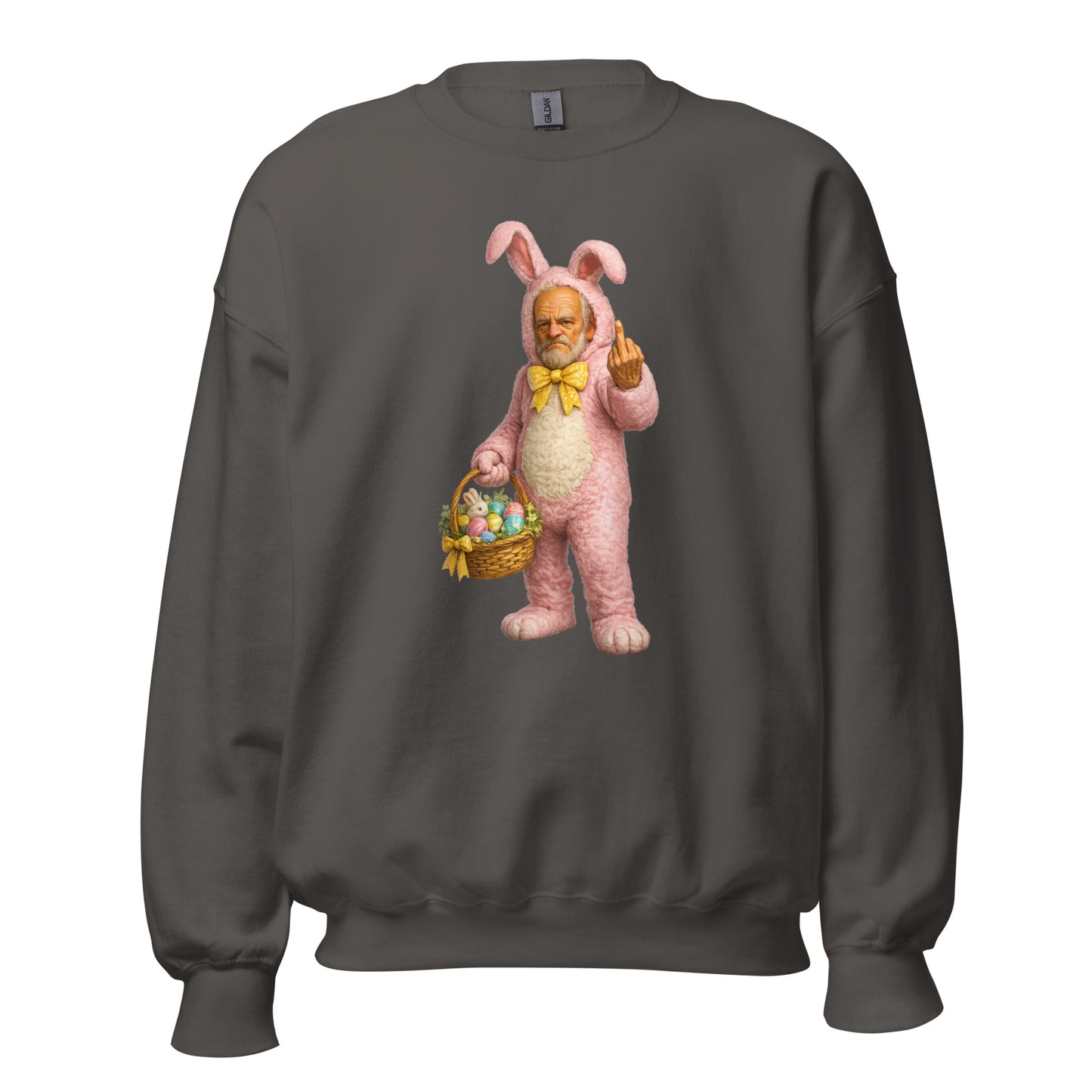 Charcoal unisex sweatshirt with a graphic of a person in a pink bunny costume holding a basket and flipping the bird – Boozie Adams