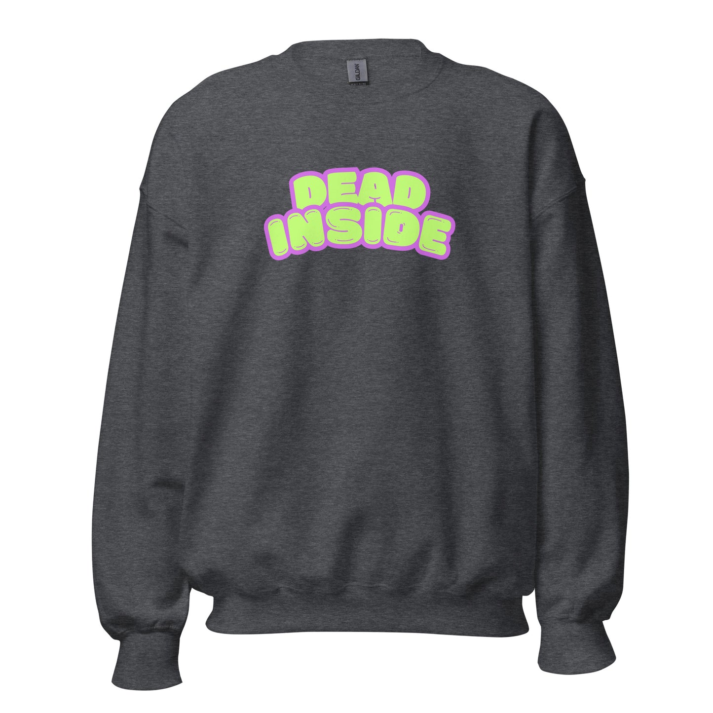 Dark heather grey unisex sweatshirt with 'DEAD INSIDE' text in purple and green – Boozie Adams