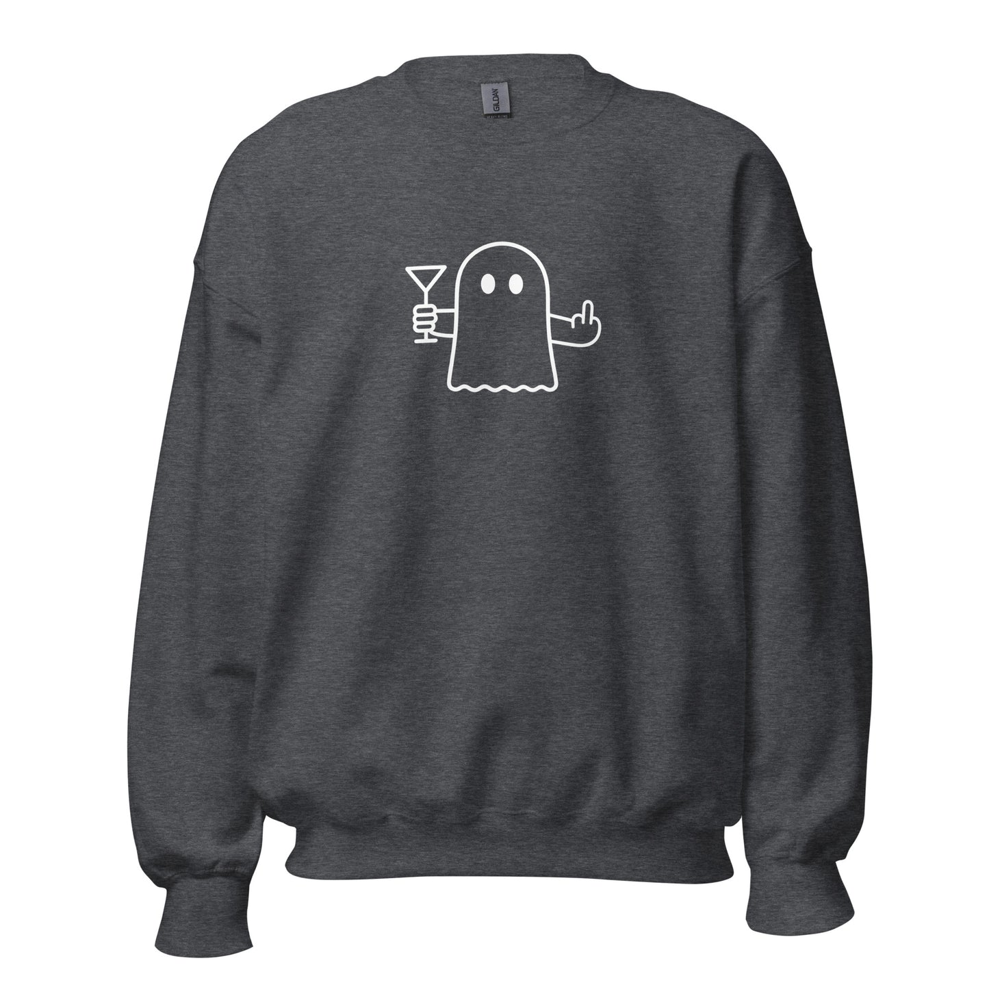 Dark heather grey unisex sweatshirt with a white ghost holding a martini & flipping the bird graphic in white – Boozie Adams