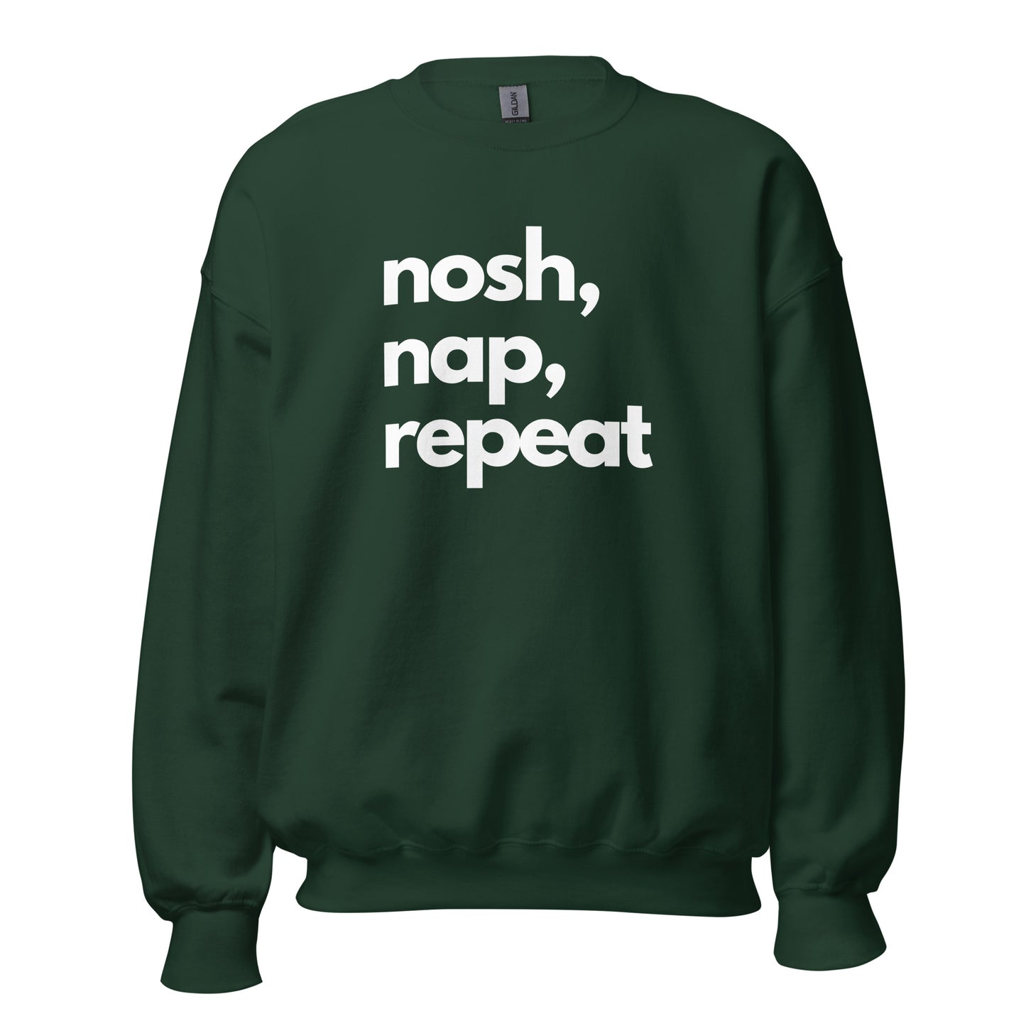 Green sweatshirt with 'nosh, nap, repeat' text in a white – Boozie Adams