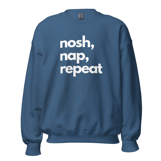Indigo Blue sweatshirt with 'nosh, nap, repeat' text in a white – Boozie Adams