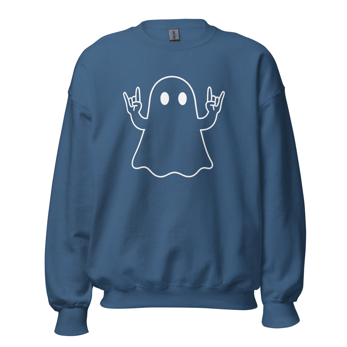 Blue unisex sweatshirt with graphic of ghost giving rock on symbol with both hands – Boozie Adams