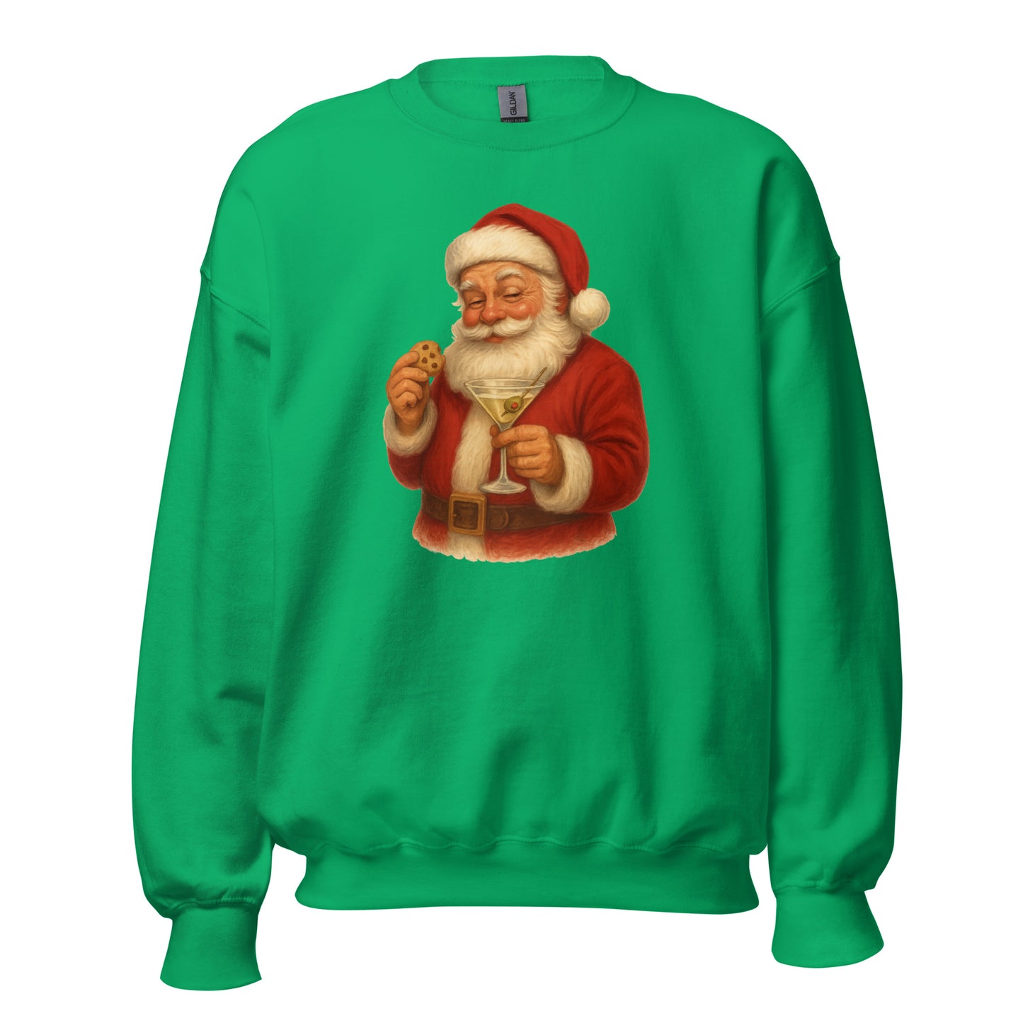 Green sweatshirt with a graphic of Santa Claus holding a martini glass and cookie – Boozie Adams