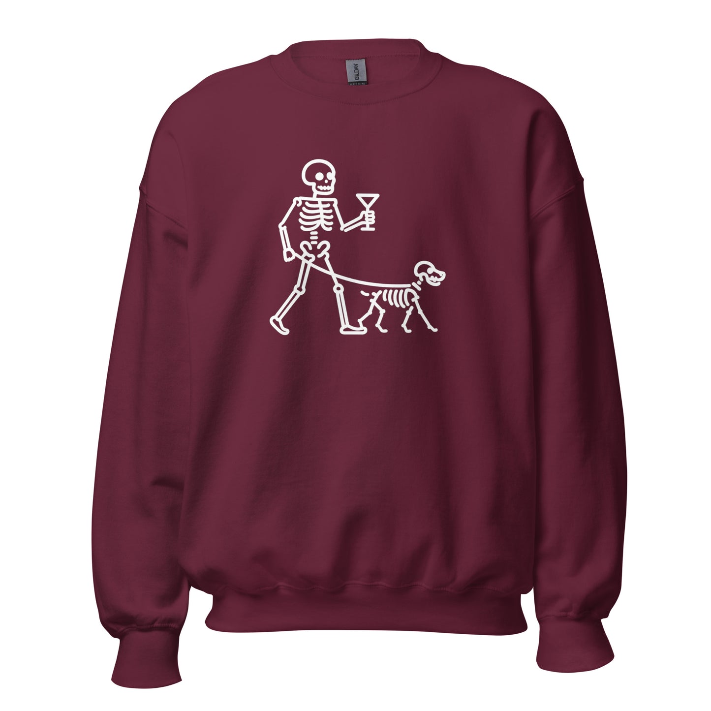 Maroon unisex sweatshirt with a skeleton walking a dog holding a martini graphic in white – Boozie Adams