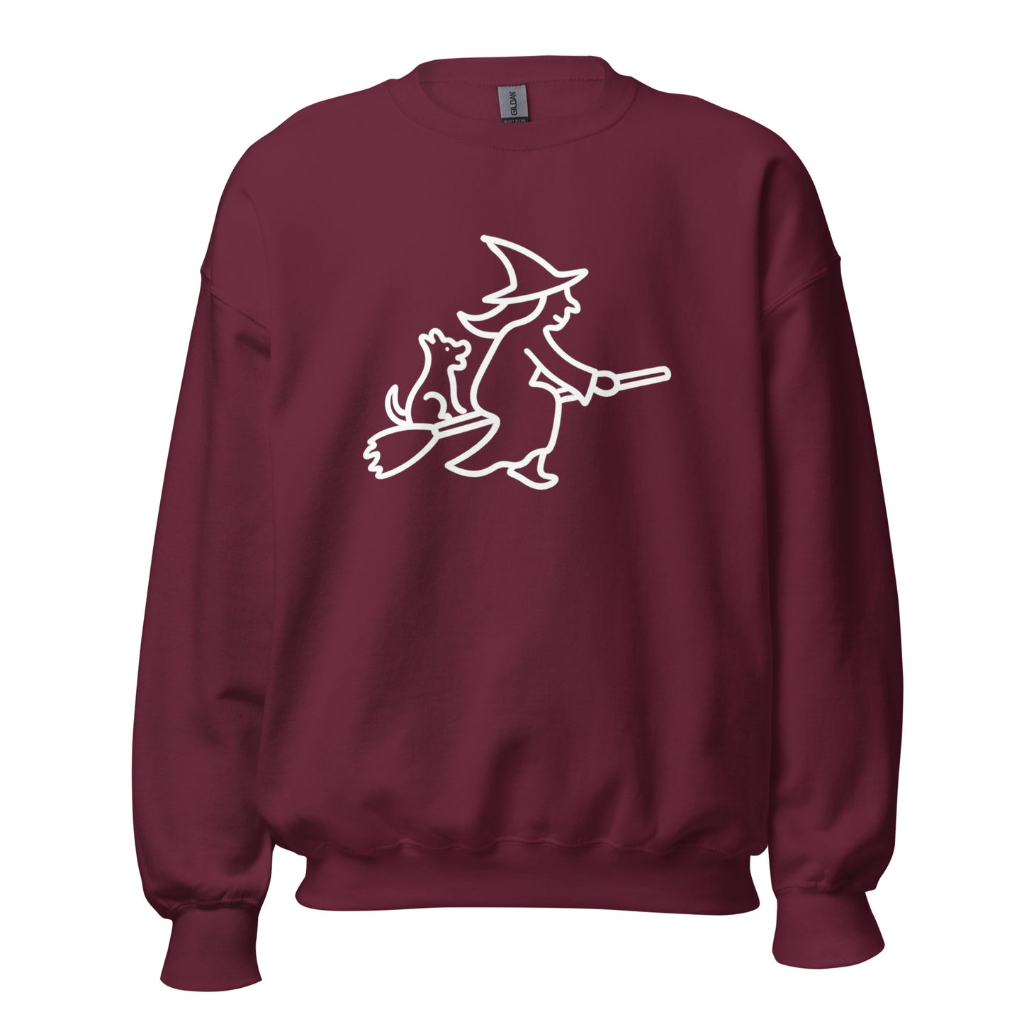 Maroon unisex sweatshirt with a white witch and dog on a broom graphic – Boozie Adams