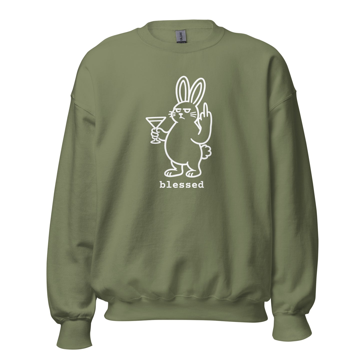 Green unisex sweatshirt with a white graphic of a rabbit holding a martini glass and the word 'blessed' – Boozie Adams