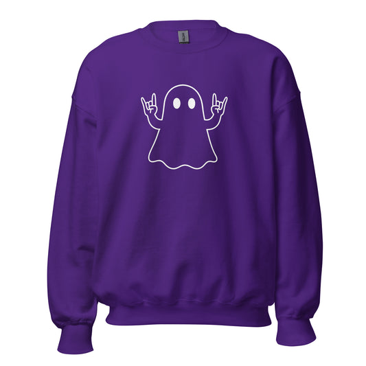 Purple unisex sweatshirt with a white ghost design throwing the rock sign with it's hands graphic in white – Boozie Adams
