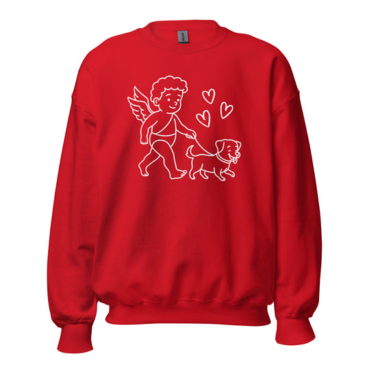 Red sweatshirt with a white graphic of a cupid walking a dog – Boozie Adams