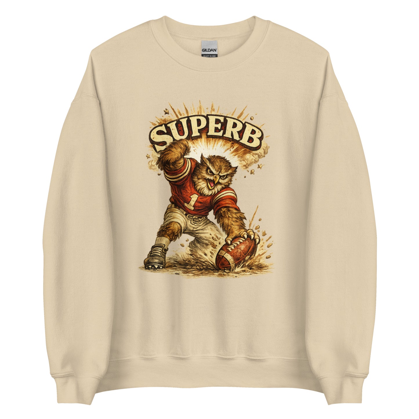 Sand unisex sweatshirt with a graphic of an owl wearing a football uniform and the word 'Superb' above it – Boozie Adams